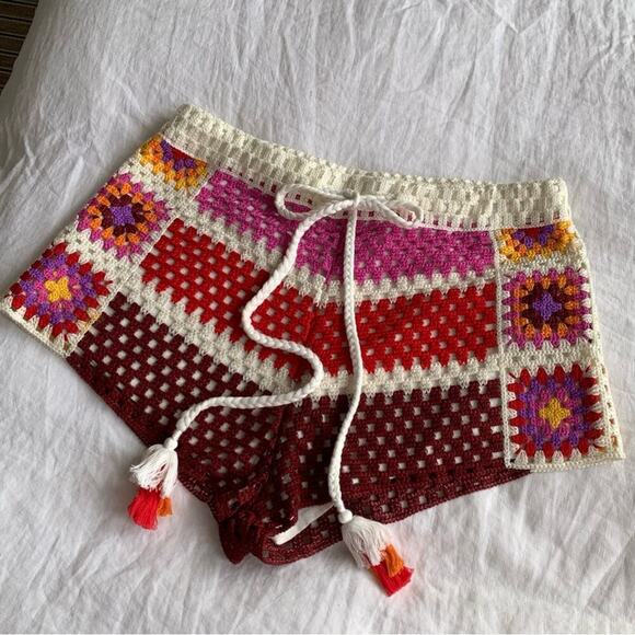 Farm Rio Mixed Stripes Crochet Knit Drawstring Shorts Multicolor Rainbow - Picture 10 of 14